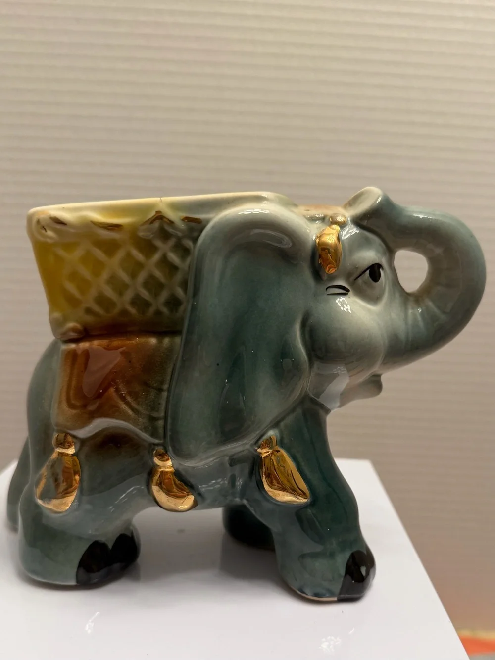 Vintage Mid Century Ceramic Elephant Planter Gold Gilt Howdah